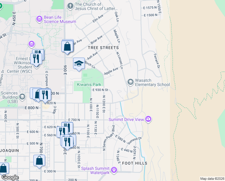 map of restaurants, bars, coffee shops, grocery stores, and more near 910 North 1260 East Street in Provo
