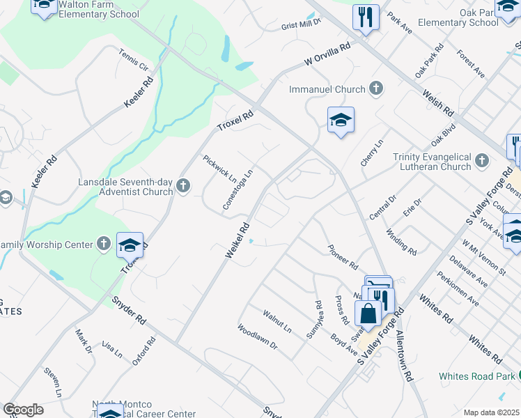 map of restaurants, bars, coffee shops, grocery stores, and more near 701 Weikel Road in Lansdale