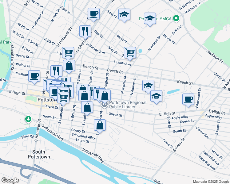 map of restaurants, bars, coffee shops, grocery stores, and more near 529 Chestnut Street in Pottstown