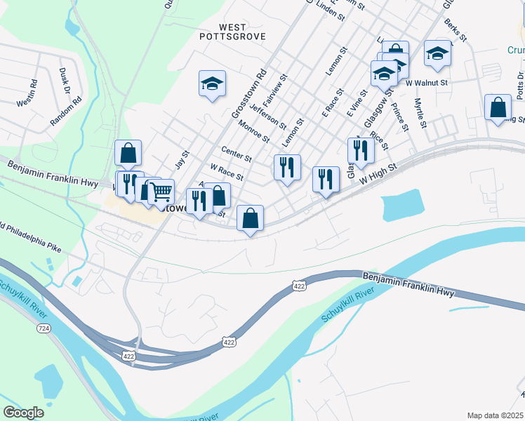 map of restaurants, bars, coffee shops, grocery stores, and more near 37 West Vine Street in Stowe