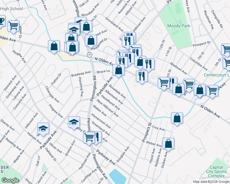 map of restaurants, bars, coffee shops, grocery stores, and more near 34 Rosedale Avenue in Ewing Township