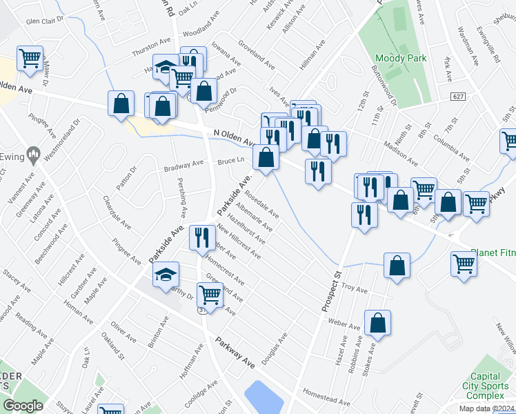map of restaurants, bars, coffee shops, grocery stores, and more near 35 Rosedale Avenue in Trenton
