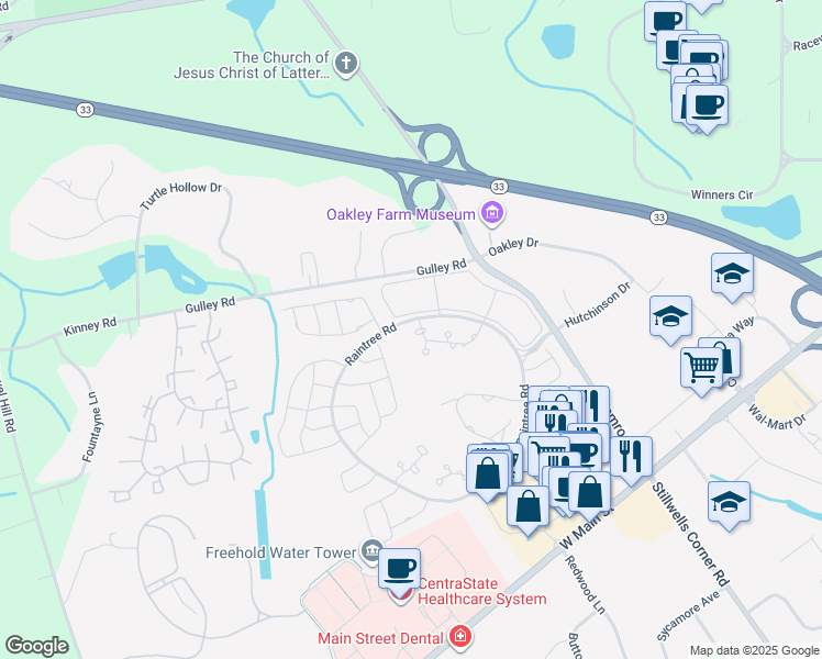 map of restaurants, bars, coffee shops, grocery stores, and more near 1 Pagoda Lane in Freehold
