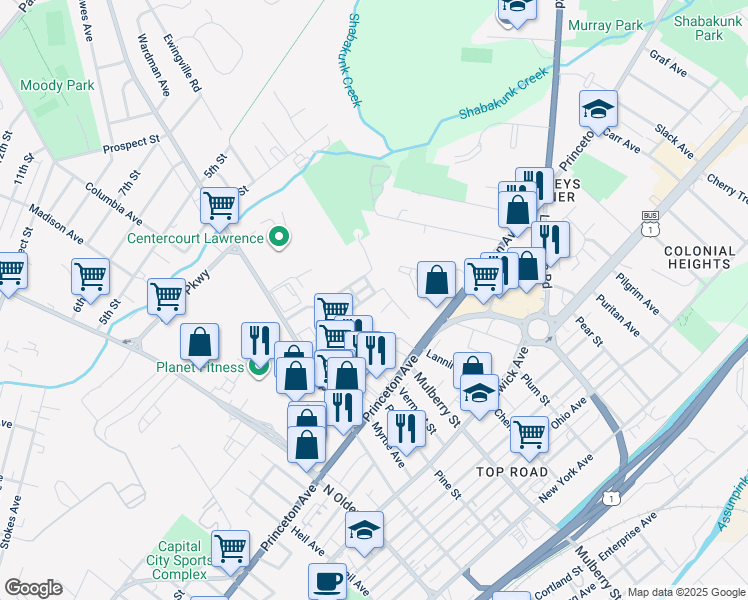 map of restaurants, bars, coffee shops, grocery stores, and more near 48 J Russel Smith Road in Lawrence Township