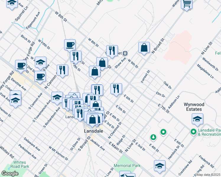 map of restaurants, bars, coffee shops, grocery stores, and more near in Lansdale