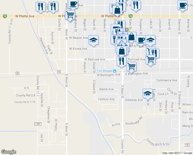 map of restaurants, bars, coffee shops, grocery stores, and more near 102 South Deuel Street in Fort Morgan