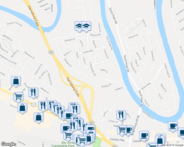 map of restaurants, bars, coffee shops, grocery stores, and more near 5118 South Deerfield Avenue in Mechanicsburg
