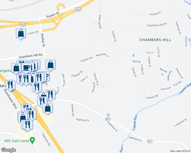 map of restaurants, bars, coffee shops, grocery stores, and more near 5076 Stacey Drive East in Harrisburg