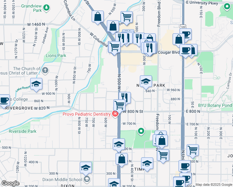 map of restaurants, bars, coffee shops, grocery stores, and more near 519 West 940 North in Provo