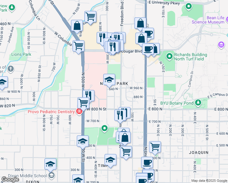 map of restaurants, bars, coffee shops, grocery stores, and more near 923 North 250 West Street in Provo