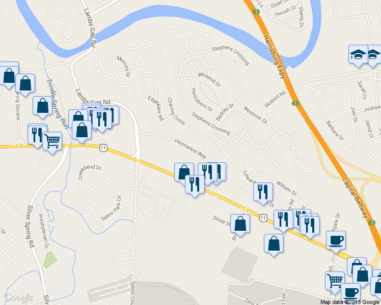 map of restaurants, bars, coffee shops, grocery stores, and more near 6139 Haymarket Way in Mechanicsburg