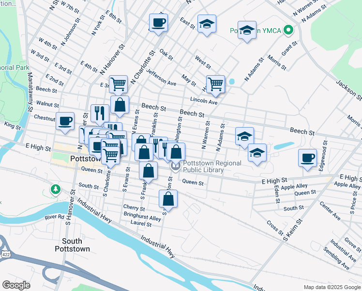 map of restaurants, bars, coffee shops, grocery stores, and more near 452 Chestnut Street in Pottstown