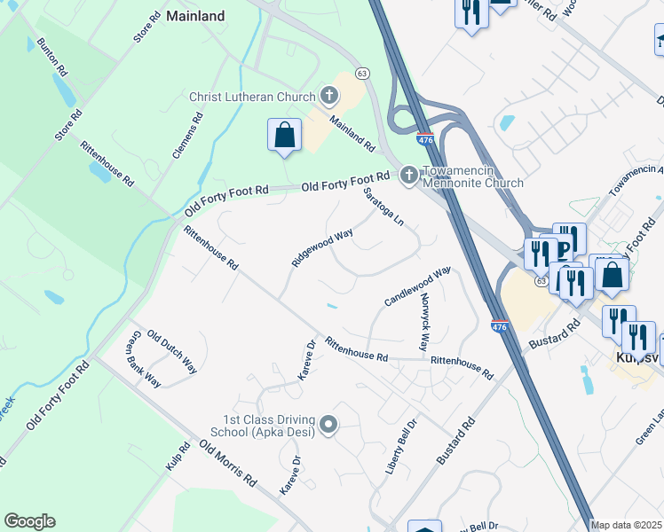 map of restaurants, bars, coffee shops, grocery stores, and more near 53 Saratoga Lane in Harleysville