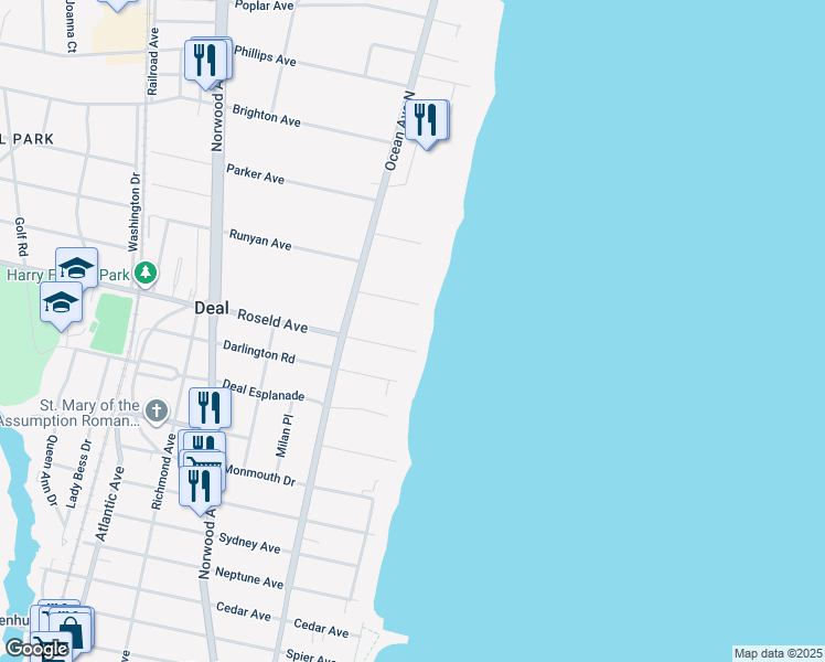 map of restaurants, bars, coffee shops, grocery stores, and more near 1 Roseld Avenue in Deal
