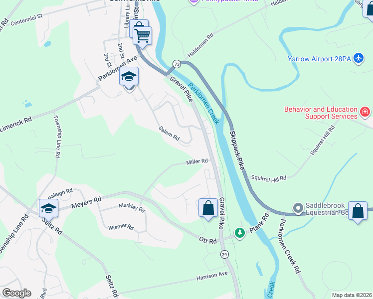 map of restaurants, bars, coffee shops, grocery stores, and more near 88 Salem Road in Schwenksville