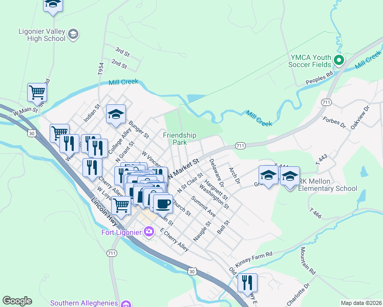 map of restaurants, bars, coffee shops, grocery stores, and more near 114 Boquet Street in Ligonier