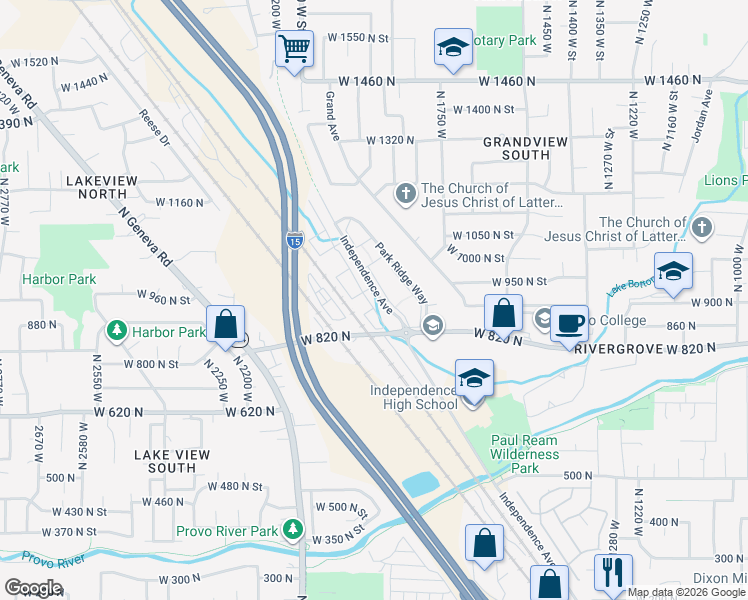 map of restaurants, bars, coffee shops, grocery stores, and more near 927 Independence Avenue in Provo