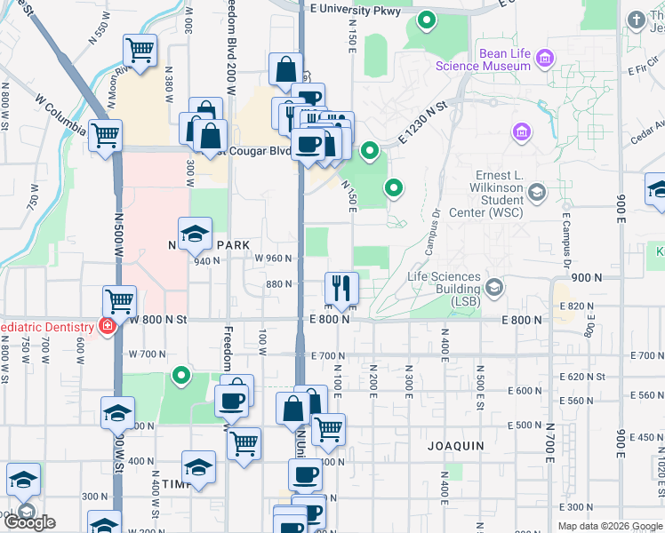 map of restaurants, bars, coffee shops, grocery stores, and more near 948 North 50 East in Provo