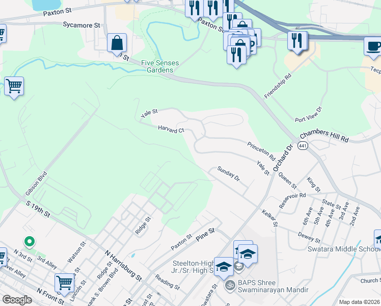 map of restaurants, bars, coffee shops, grocery stores, and more near 563 Yale Street in Harrisburg