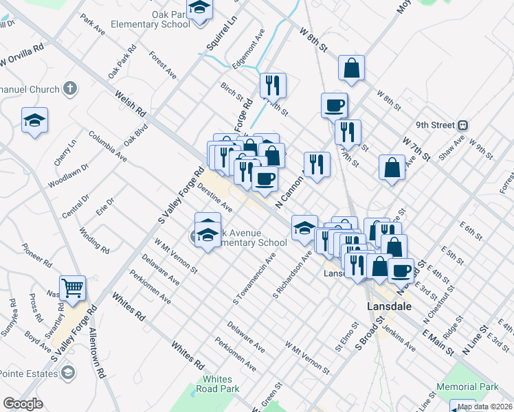 map of restaurants, bars, coffee shops, grocery stores, and more near 718 West Main Street in Lansdale