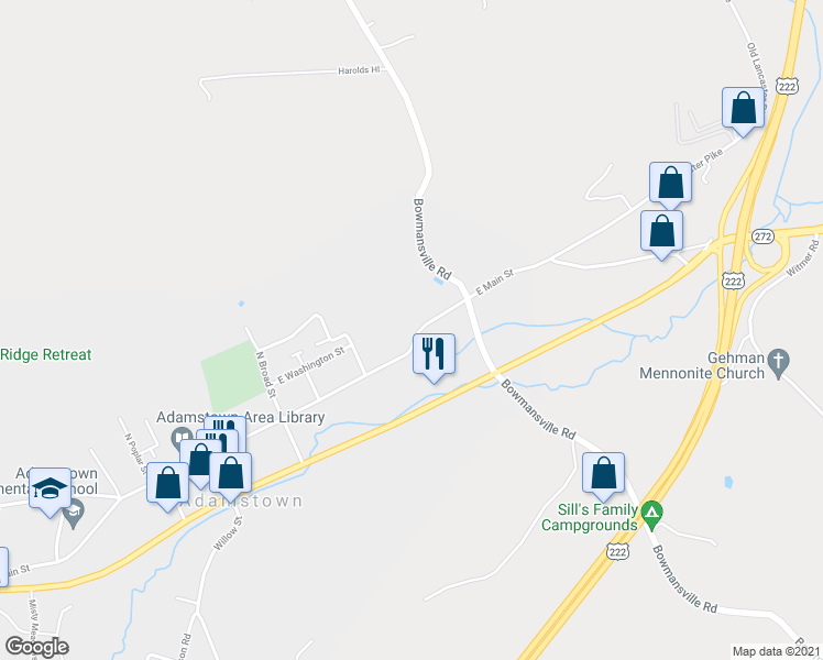 map of restaurants, bars, coffee shops, grocery stores, and more near 154 East Main Street in Reinholds