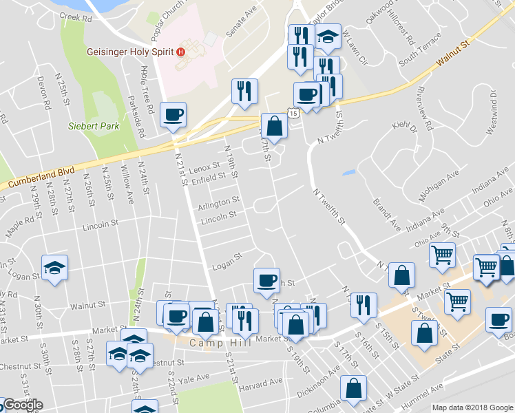 map of restaurants, bars, coffee shops, grocery stores, and more near 1712 Lincoln Street in Camp Hill