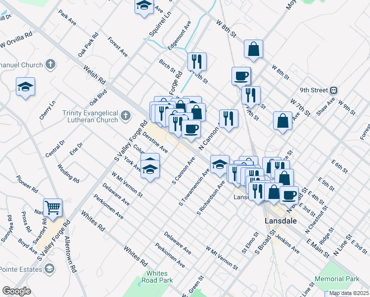 map of restaurants, bars, coffee shops, grocery stores, and more near 718 West Main Street in Lansdale