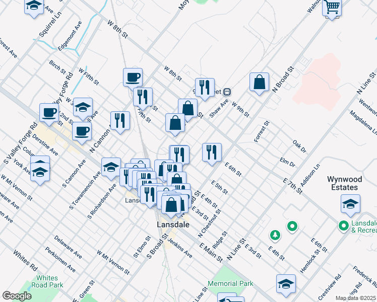 map of restaurants, bars, coffee shops, grocery stores, and more near 530 Walnut Street in Lansdale