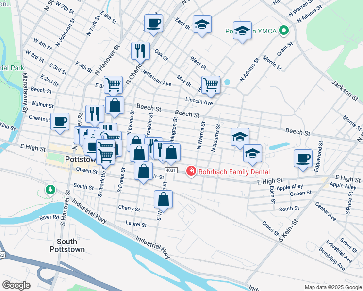 map of restaurants, bars, coffee shops, grocery stores, and more near 529 Chestnut Street in Pottstown
