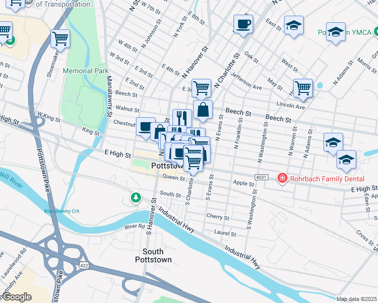 map of restaurants, bars, coffee shops, grocery stores, and more near 263 King Street in Pottstown