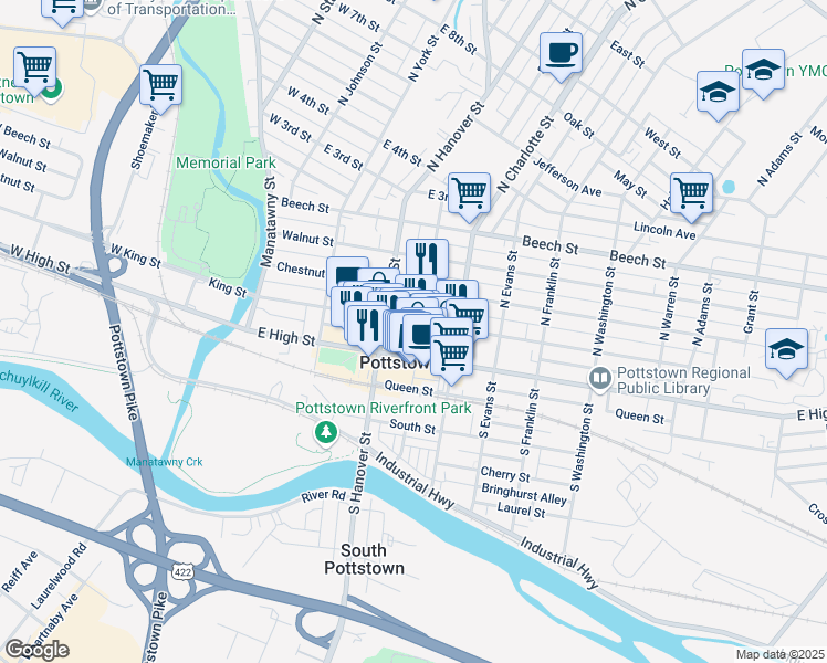 map of restaurants, bars, coffee shops, grocery stores, and more near 224 King Street in Pottstown