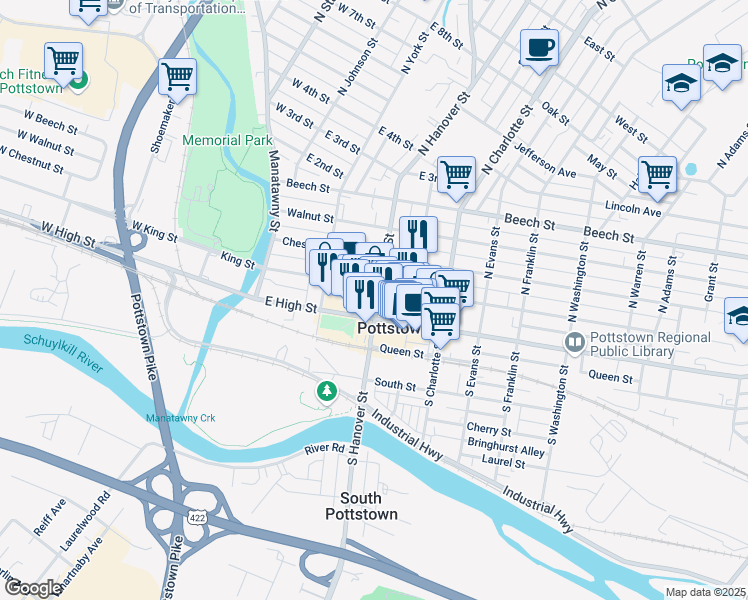 map of restaurants, bars, coffee shops, grocery stores, and more near 146 King Street in Pottstown