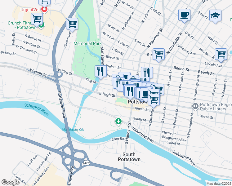 map of restaurants, bars, coffee shops, grocery stores, and more near 16 North York Street in Pottstown