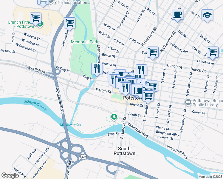 map of restaurants, bars, coffee shops, grocery stores, and more near 16 North York Street in Pottstown