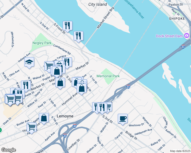 map of restaurants, bars, coffee shops, grocery stores, and more near 68 Hummel Avenue in Lemoyne