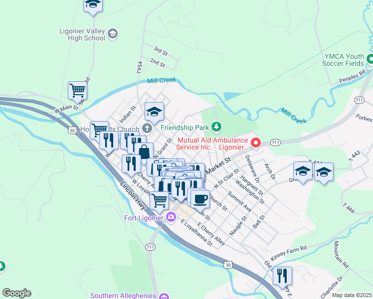 map of restaurants, bars, coffee shops, grocery stores, and more near 216 West Vincent Street in Ligonier