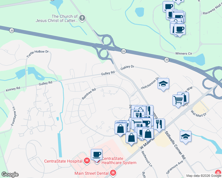 map of restaurants, bars, coffee shops, grocery stores, and more near 82 Pagoda Lane in Freehold