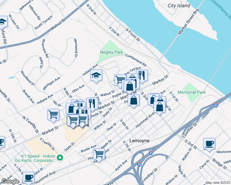 map of restaurants, bars, coffee shops, grocery stores, and more near 500 Walnut Street in Lemoyne