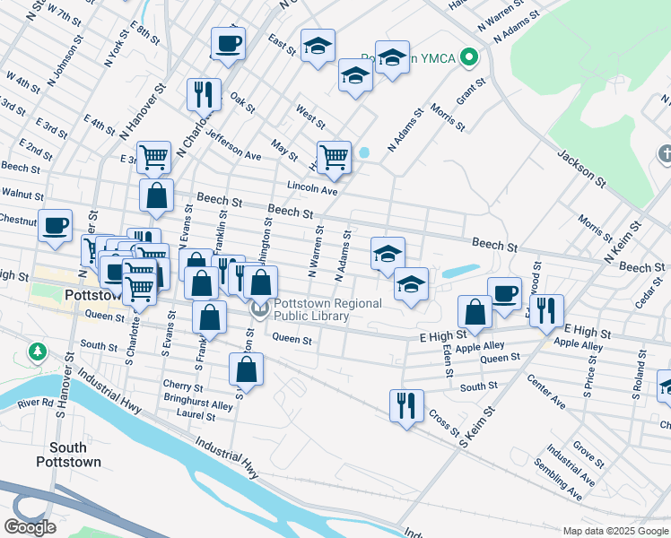 map of restaurants, bars, coffee shops, grocery stores, and more near 627 Chestnut Street in Pottstown