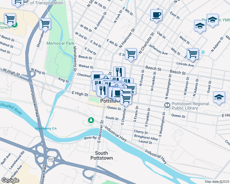 map of restaurants, bars, coffee shops, grocery stores, and more near 224 King Street in Pottstown