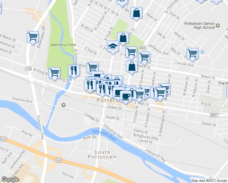 map of restaurants, bars, coffee shops, grocery stores, and more near 224 King Street in Pottstown