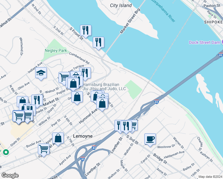 map of restaurants, bars, coffee shops, grocery stores, and more near 115 South 1st Street in Lemoyne