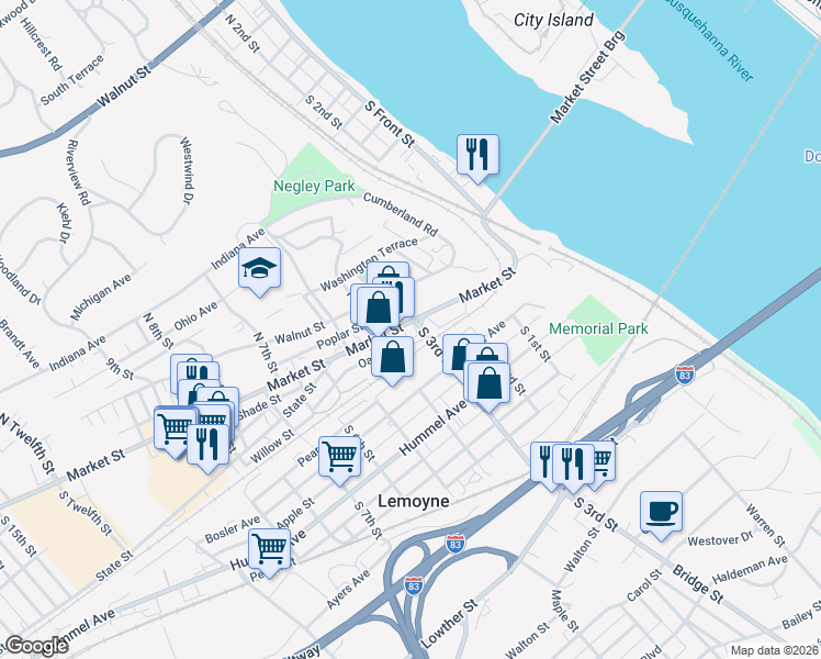 map of restaurants, bars, coffee shops, grocery stores, and more near in Lemoyne