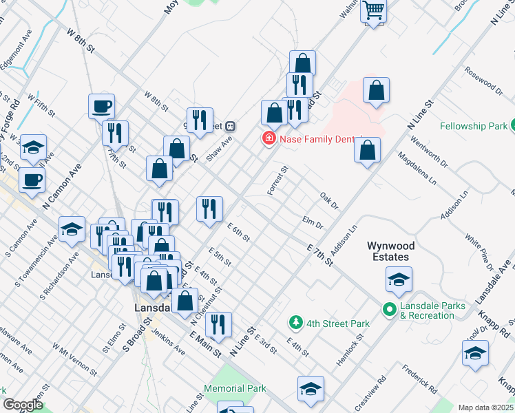 map of restaurants, bars, coffee shops, grocery stores, and more near 25 E 7th St in Lansdale