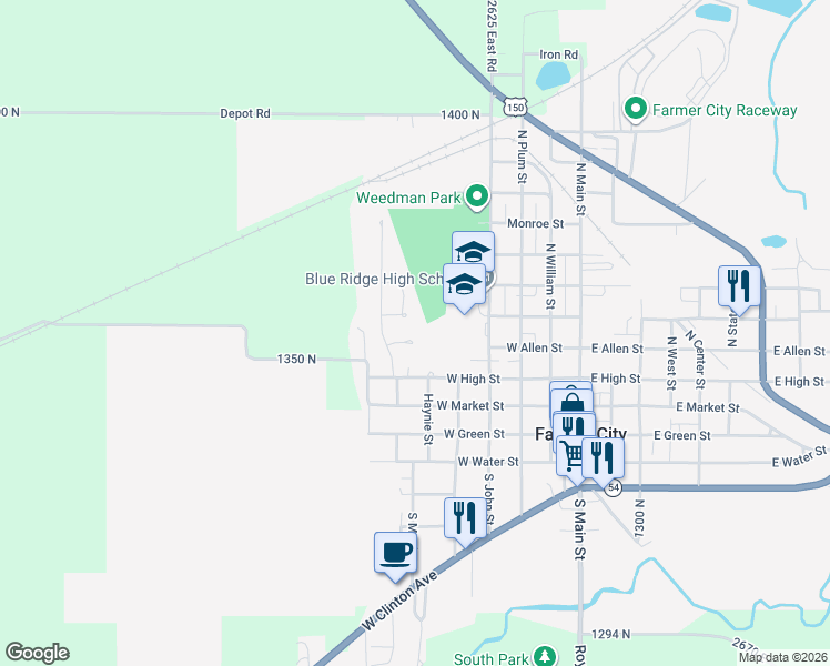 map of restaurants, bars, coffee shops, grocery stores, and more near 8 Crabtree Court in Farmer City