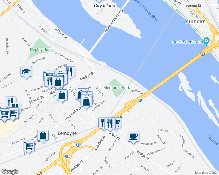 map of restaurants, bars, coffee shops, grocery stores, and more near 60 Hummel Avenue in Lemoyne
