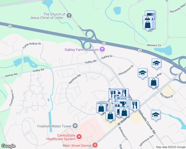 map of restaurants, bars, coffee shops, grocery stores, and more near 82 Pagoda Lane in Freehold