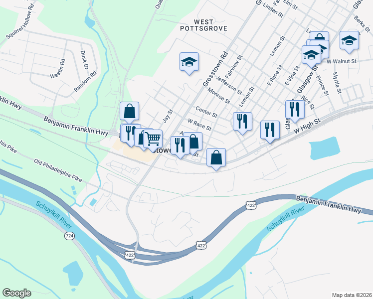 map of restaurants, bars, coffee shops, grocery stores, and more near 431 West Vine Street in Stowe