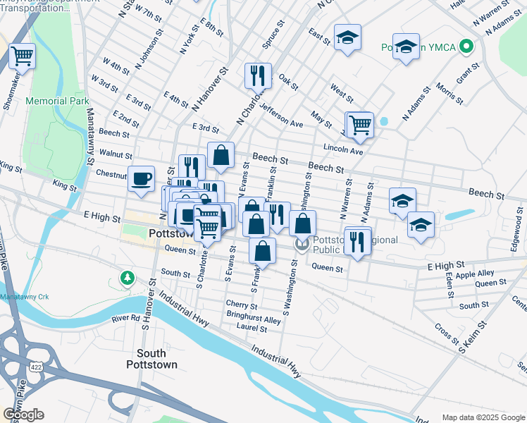 map of restaurants, bars, coffee shops, grocery stores, and more near 61 North Franklin Street in Pottstown