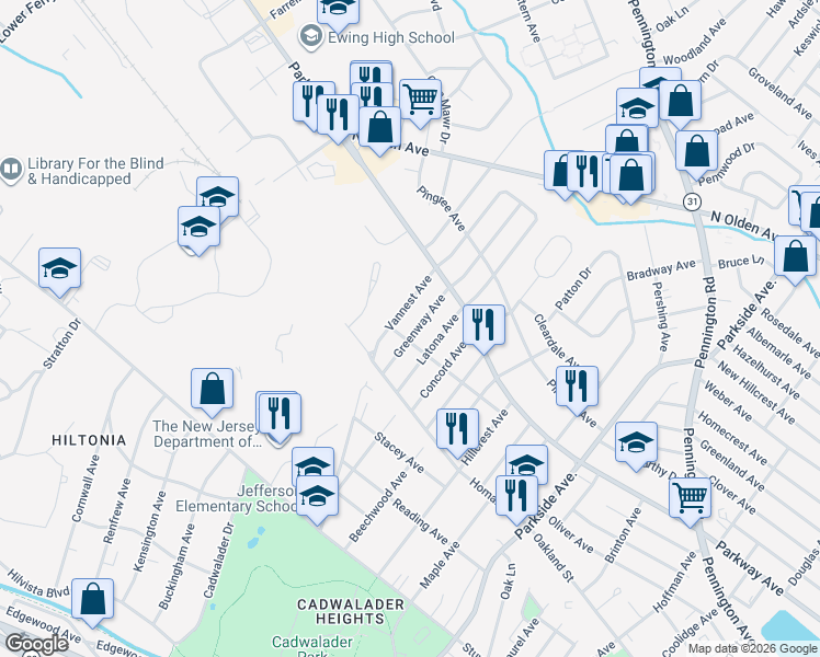 map of restaurants, bars, coffee shops, grocery stores, and more near 421 Greenway Avenue in Ewing Township